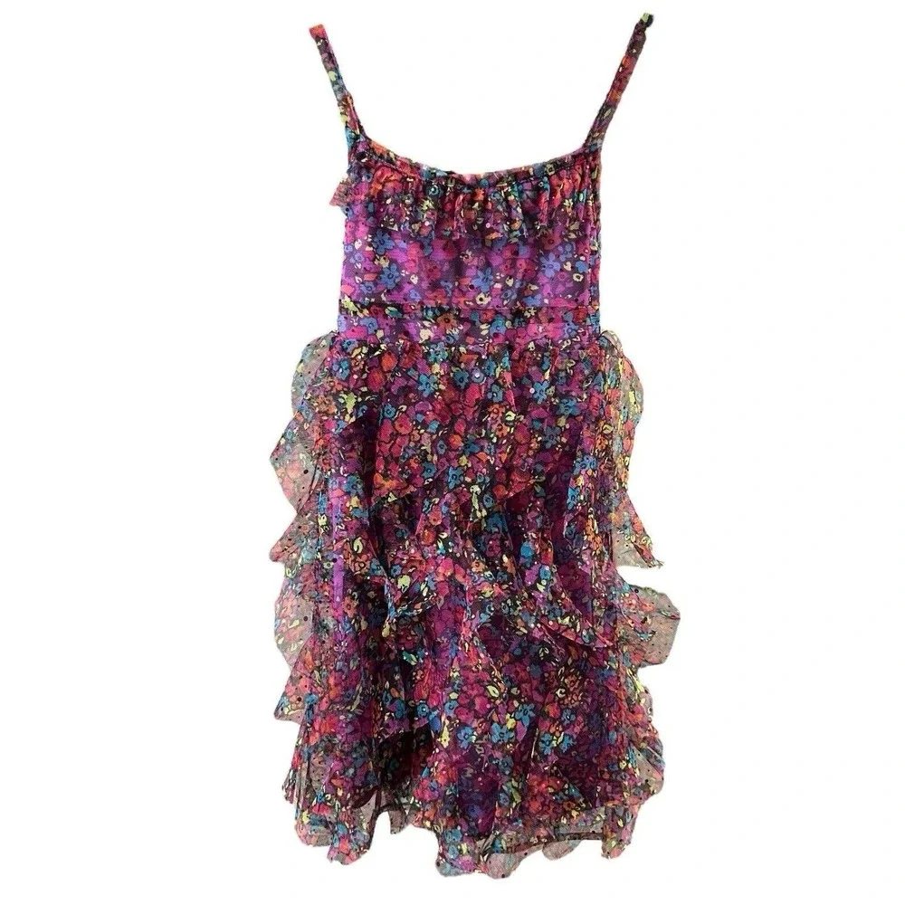 Justice Dress Multicolor Floral Sundress Ruffled Tulle Sequin Adjustable Straps‎